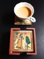 Handpainted brass lined wooden coaster set