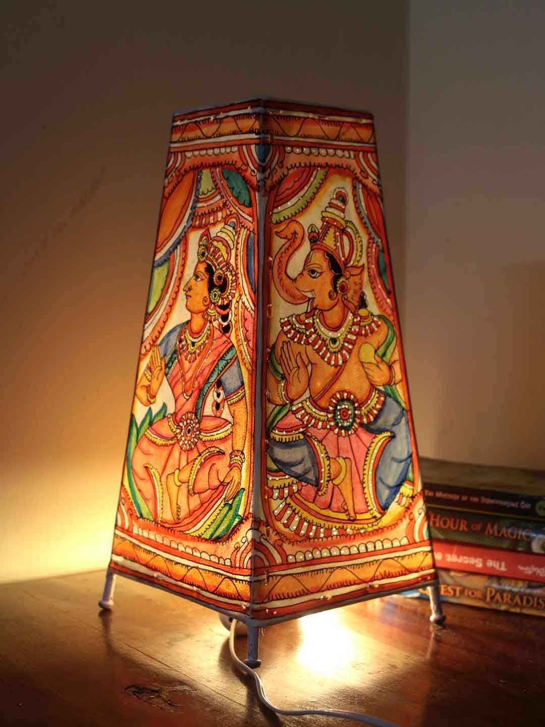 Saraswati-ganesha-handpainted-Leather-table-lamp.jpg Saraswati-Ganesha Tholu Bommalata Table lamp - Image 1