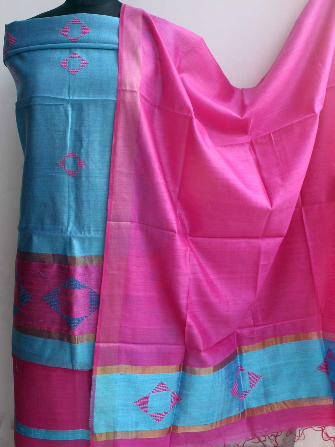 Sky-Blue-and-Pink-Dupion-silk-dress-material.jpg Sky-Blue and Pink Dupion tassar silk Dress-material - Image 1