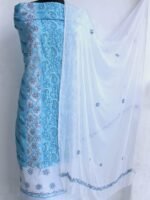 Sky-Blue and White Cotton Chikankari 3pc Ladies Suit