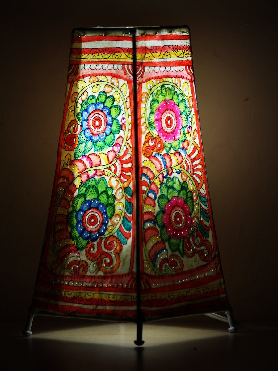 Square-flower-design-shadow-leather-table-top-lamp.jpg Rectangular flower design Tholu-Bommalata Table-lamp - Image 1