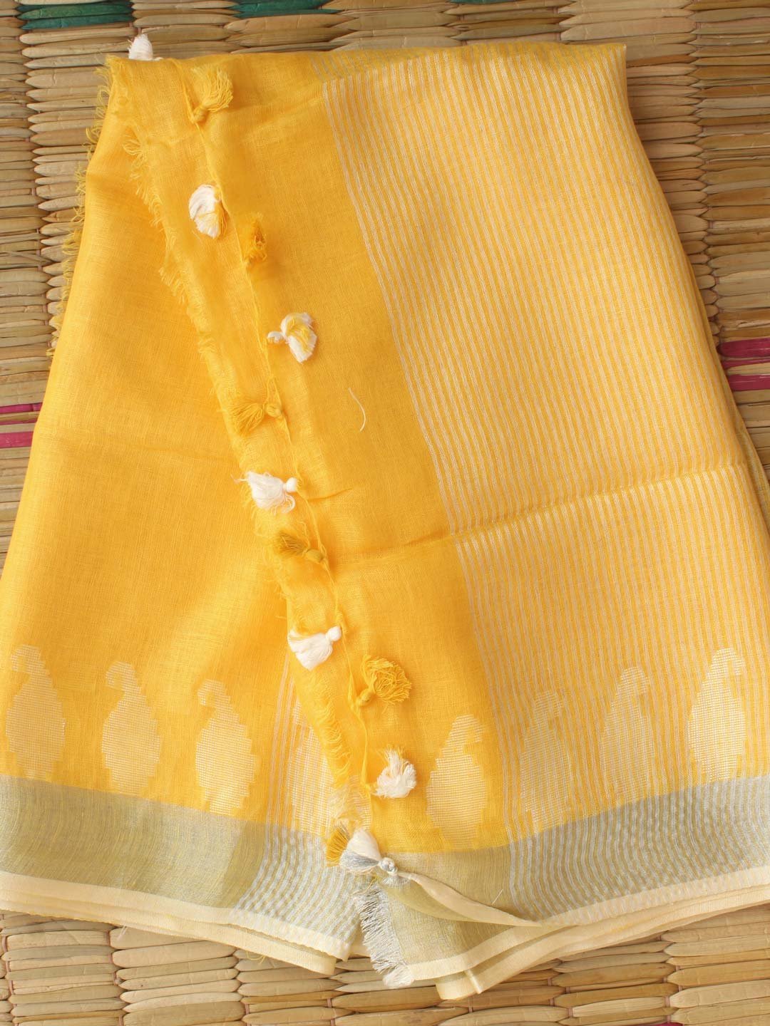 Sun-yellow-Pure-Linen-Saree.jpg Sun-Yellow zariwork Pure Linen Saree - Image 1
