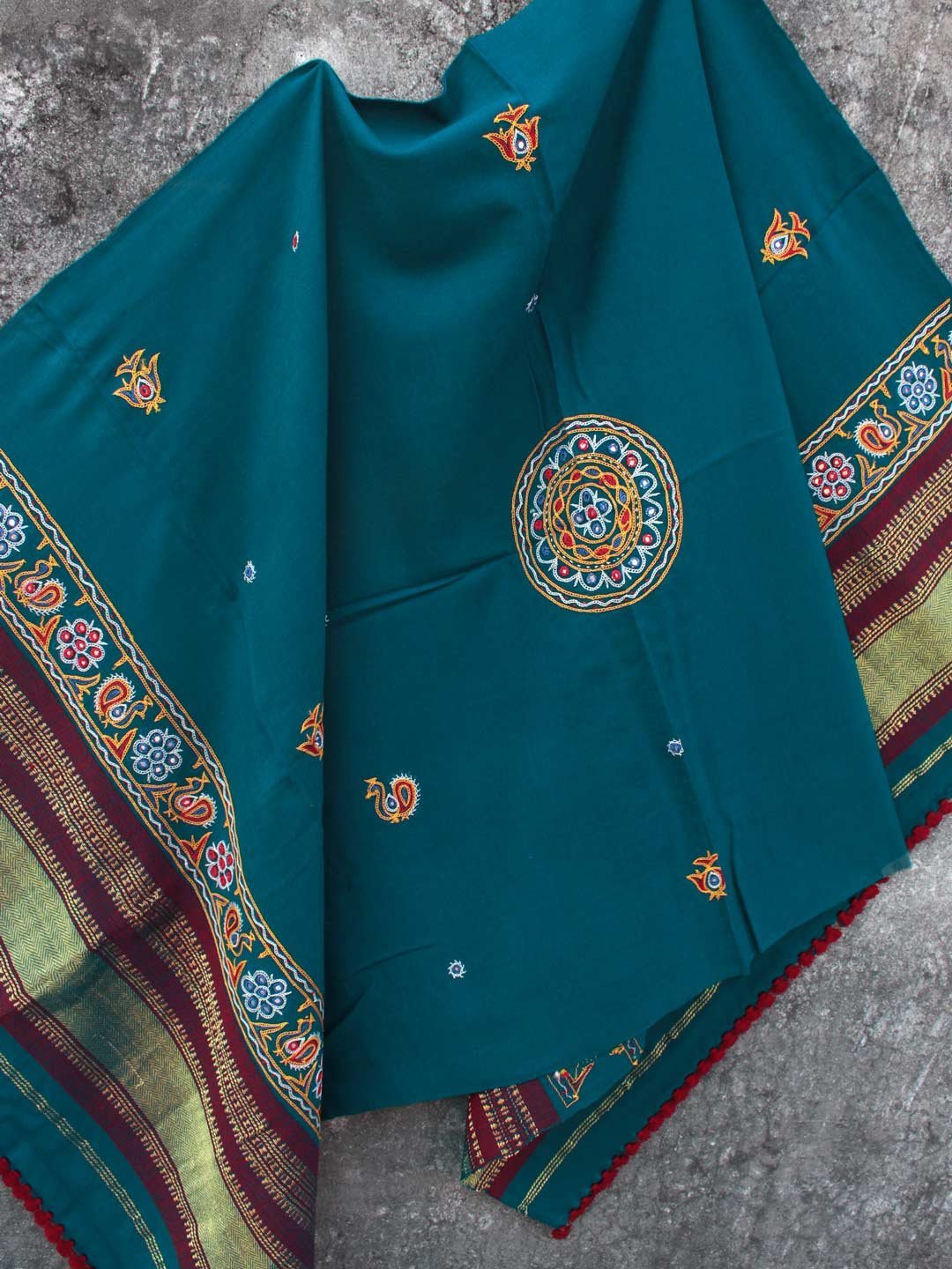 Teal-Blue-Ahir-embroidered-woolen-shawl.jpg Teal-blue Ahir Embroidered Woolen Shawl - Image 1