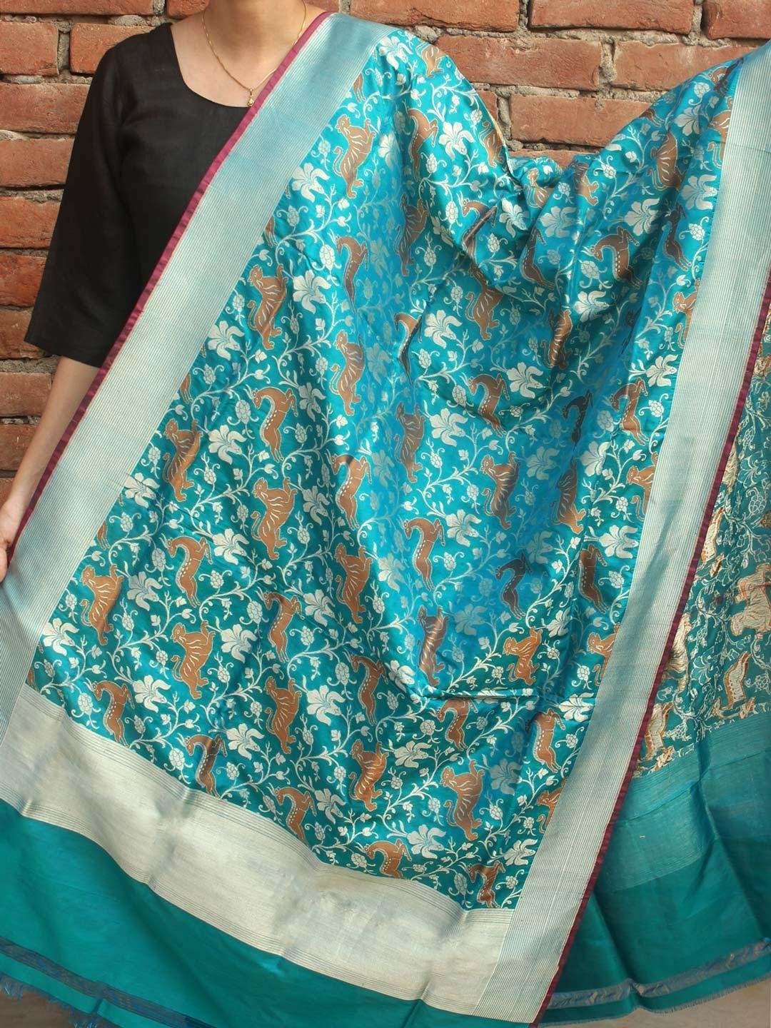 Teal-Blue-shikargrah-katan-silk-banarasi-dupatta.jpg Teal-Green Pure Katan Silk Banarasi Dupatta - Image 1