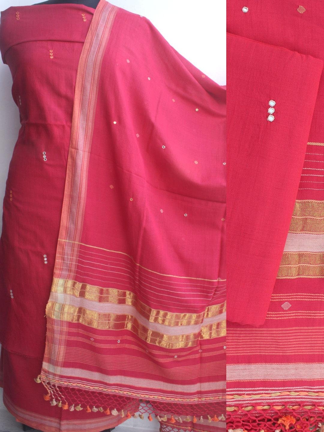 Tomato-red-Bhujodi-mirrorwork-kala-cotton-Suit.jpg Tomato-Red Cotton Bhujodi Dress-material - Image 1