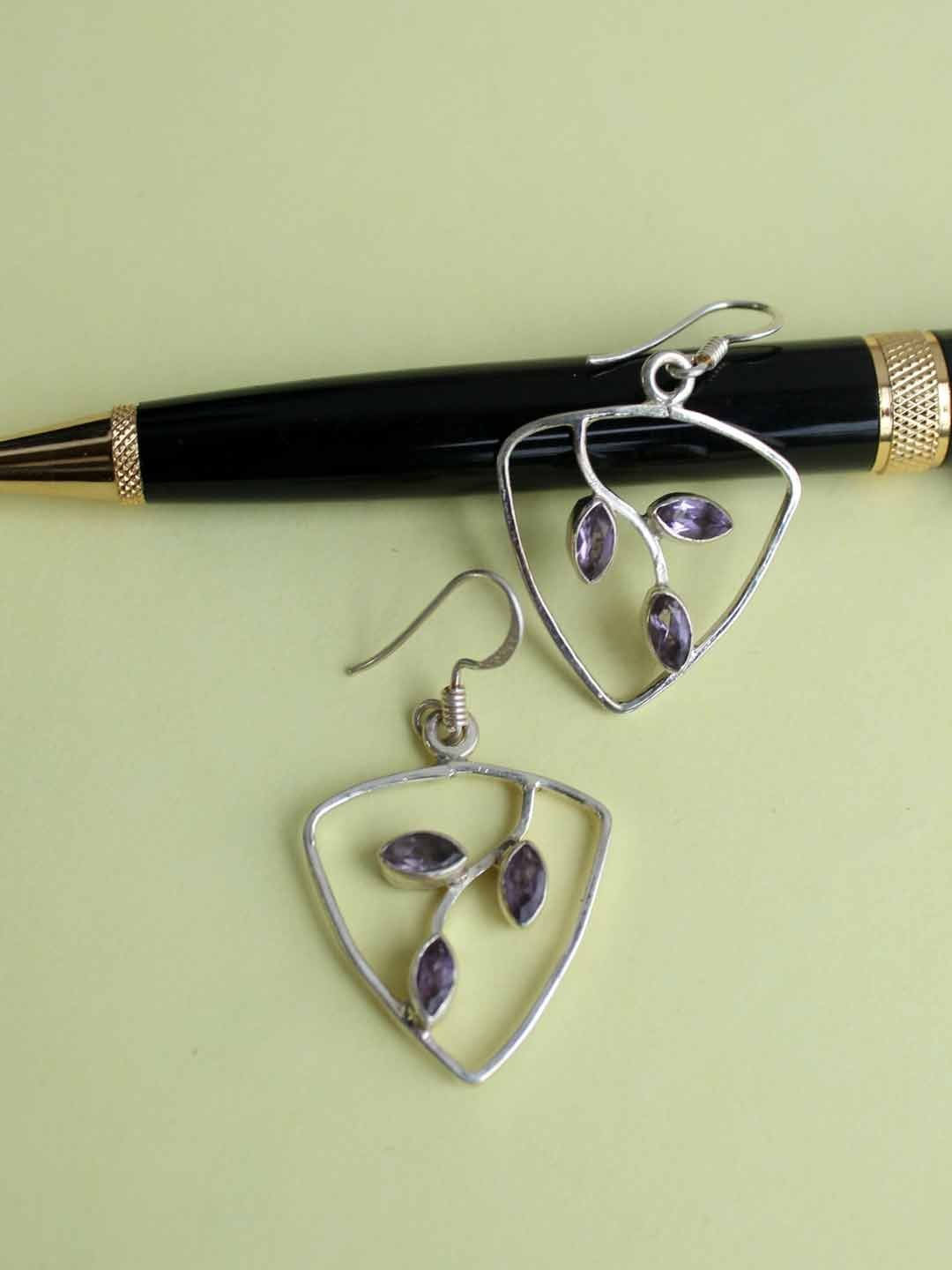 Triangular-Purple-stone-pure-silver-earrings.jpg Triangular, Purple Stone, Pure Silver Earrings - Image 1