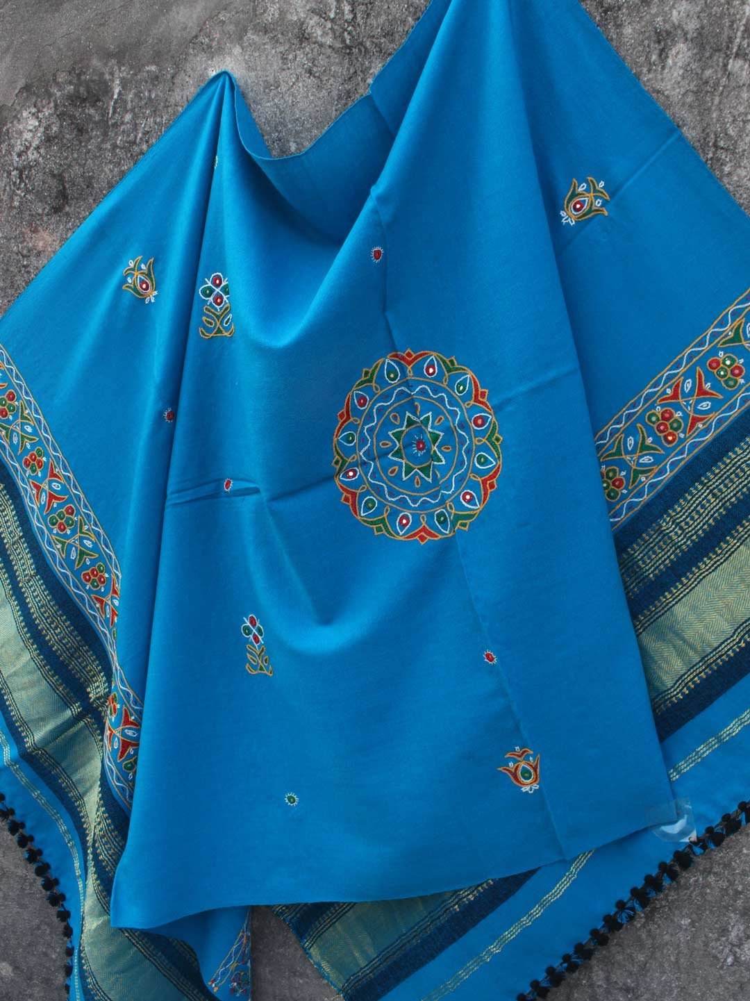 Turquoise-Blue-Ahir-embroiderd-Woolen-Shawl.jpg Turquoise-Blue Ahir embroiderd Woolen Shawl - Image 1