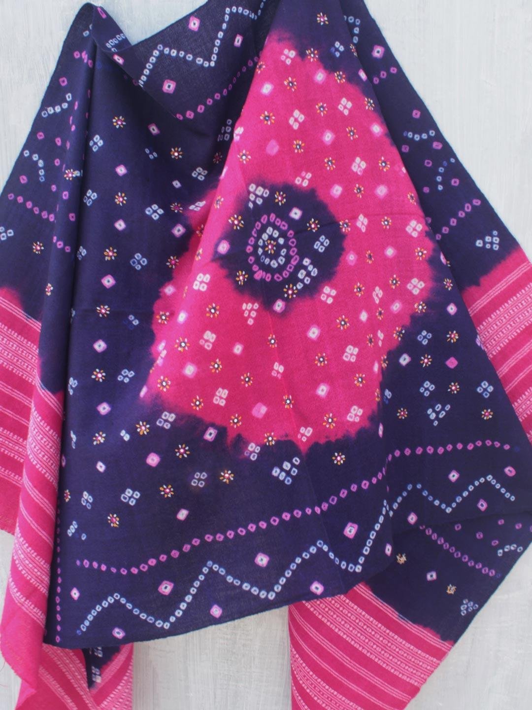 Violet-and-Pink-Bandhani-mirrorwork-Bhujodi-shawl.jpg Violet and Pink Bandhej mirrorwork Bhujodi shawl - Image 1