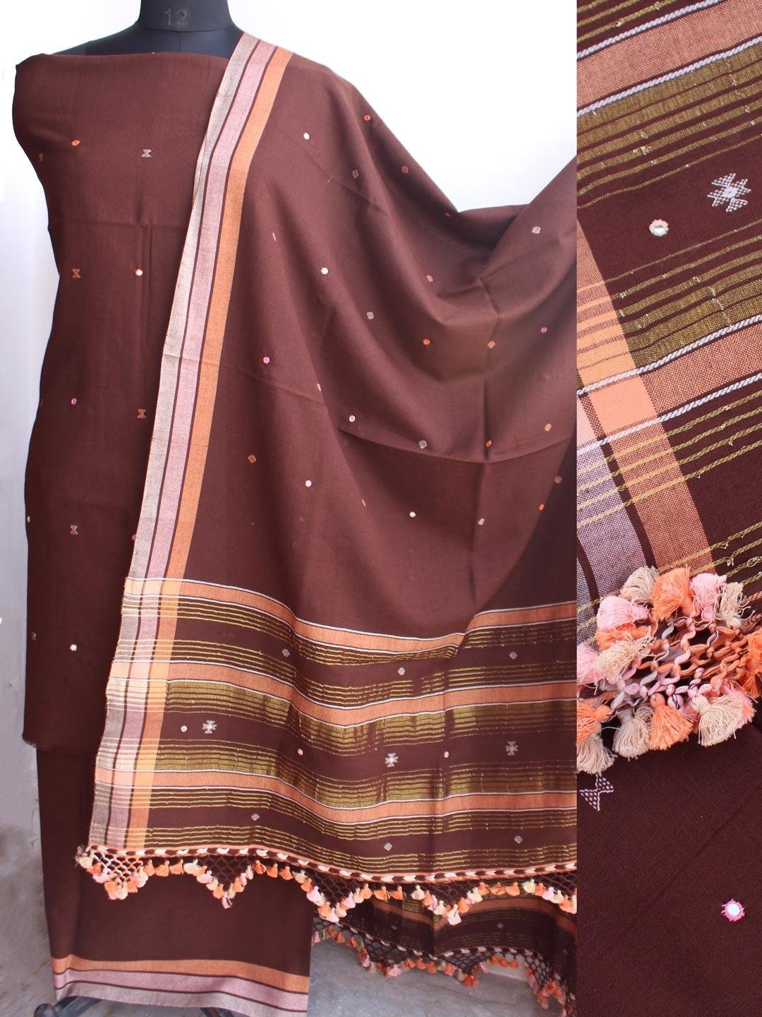 Walnut-brown-mirrorwork-pure-cotton-Bhujodi-dress-material.jpg Walnut-Brown Mirrorwork cotton Bhujodi suits - Image 1