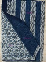 White and Indigo Block-Printed Mul-cotton Sari - Image 2