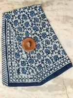 White and Indigo Block-Printed Mul-cotton Sari
