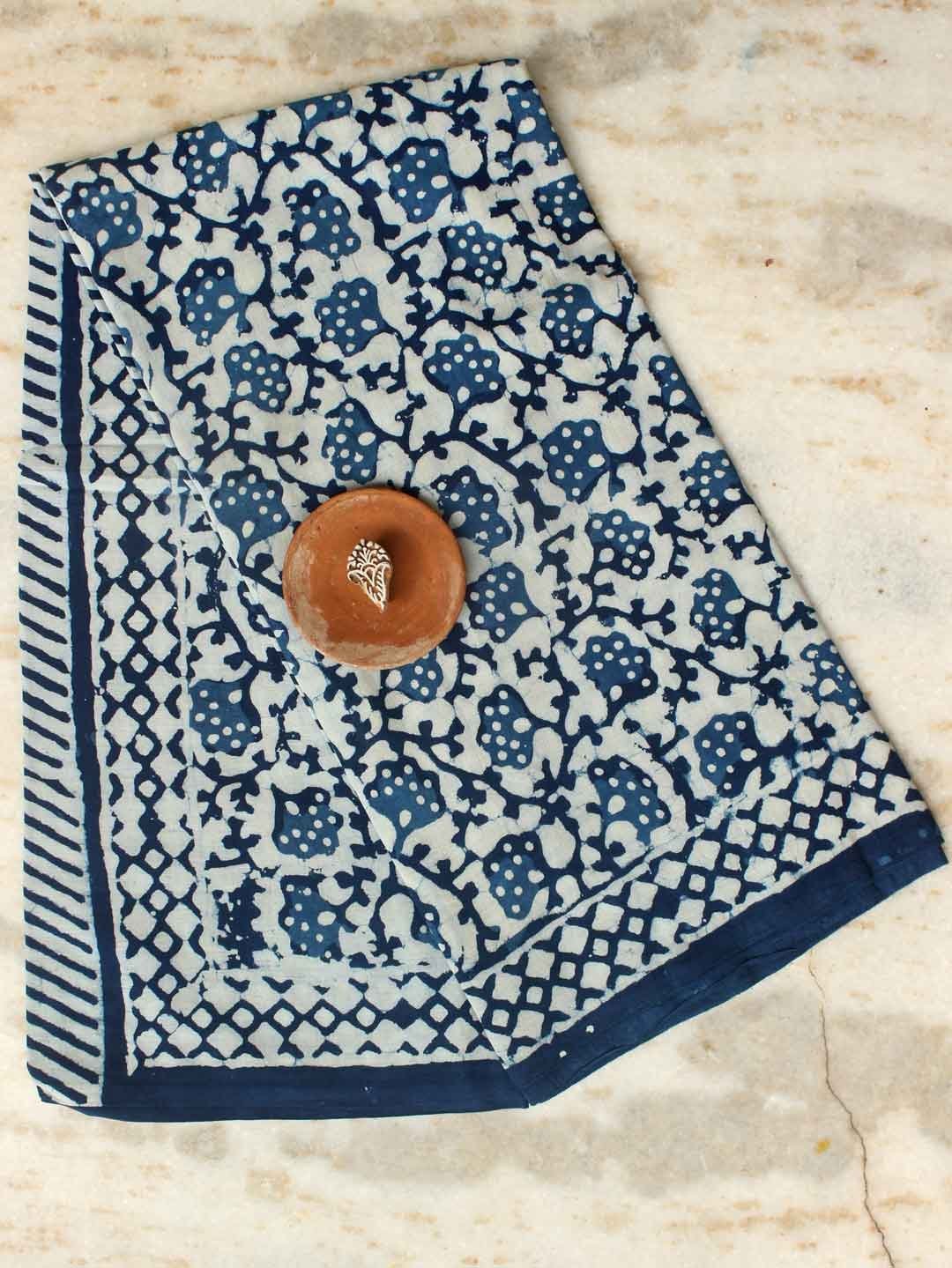 White-and-Indigo-block-printed-mul-cotton-saree.jpg White and Indigo Block-Printed Mul-cotton Sari - Image 1