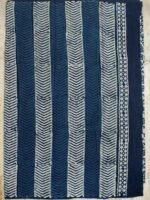 White and Indigo Block-Printed Mul-cotton Sari - Image 4