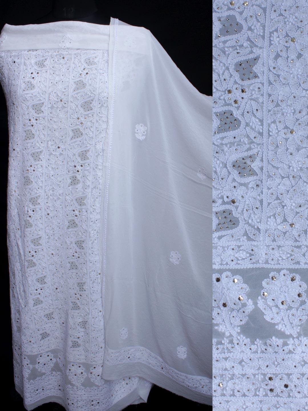 White-chikankari-mukaish-georgette-2pc-ladies-suit.jpg White Chikankari-Mukaish Kurta-Dupatta Set - Image 1
