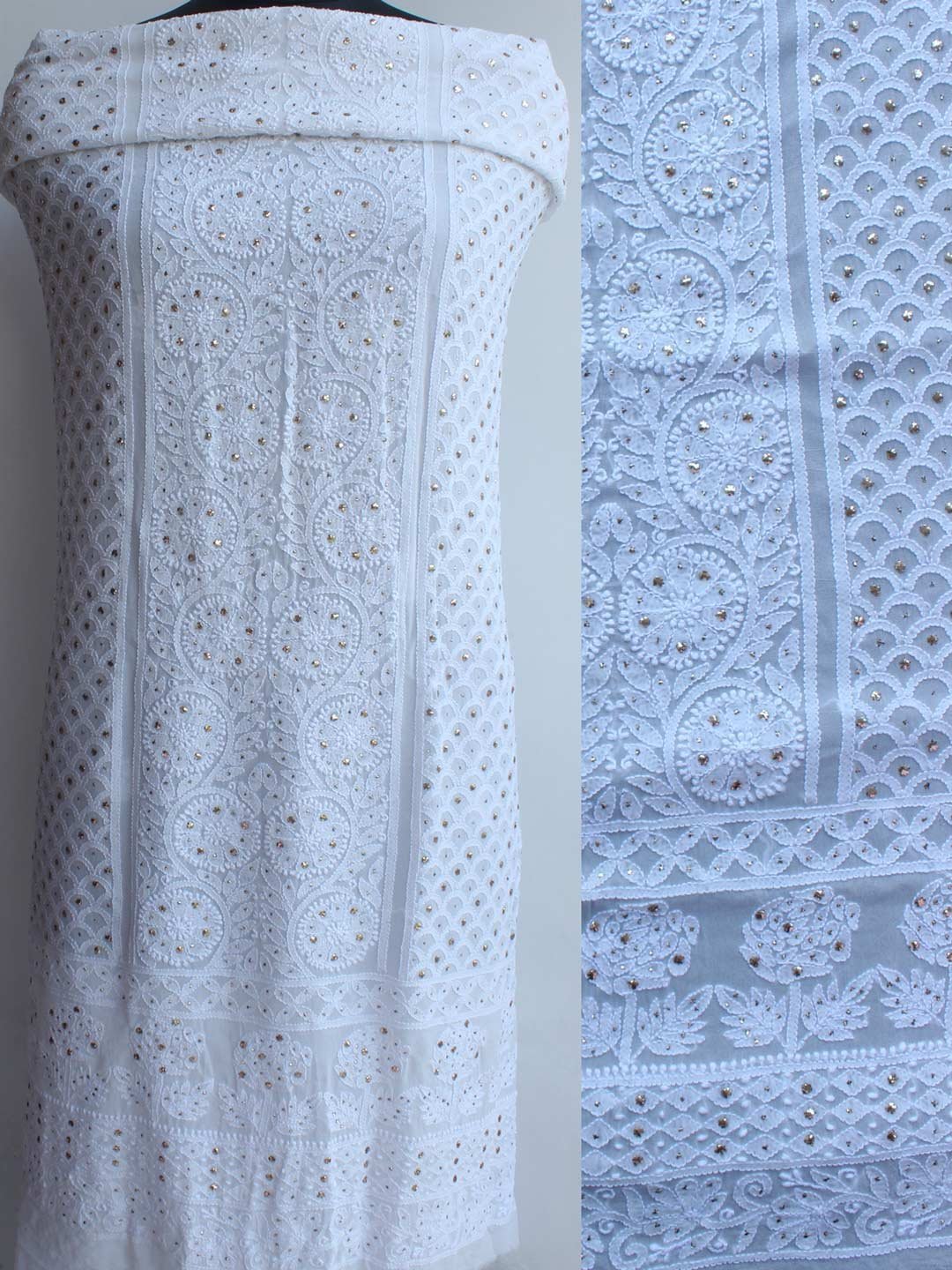 White-flowers-viscose-georegtte-chikankari-mukaish-kurta-fabric.jpg White georgette Chikankari Mukaish Kurta Fabric - Image 1