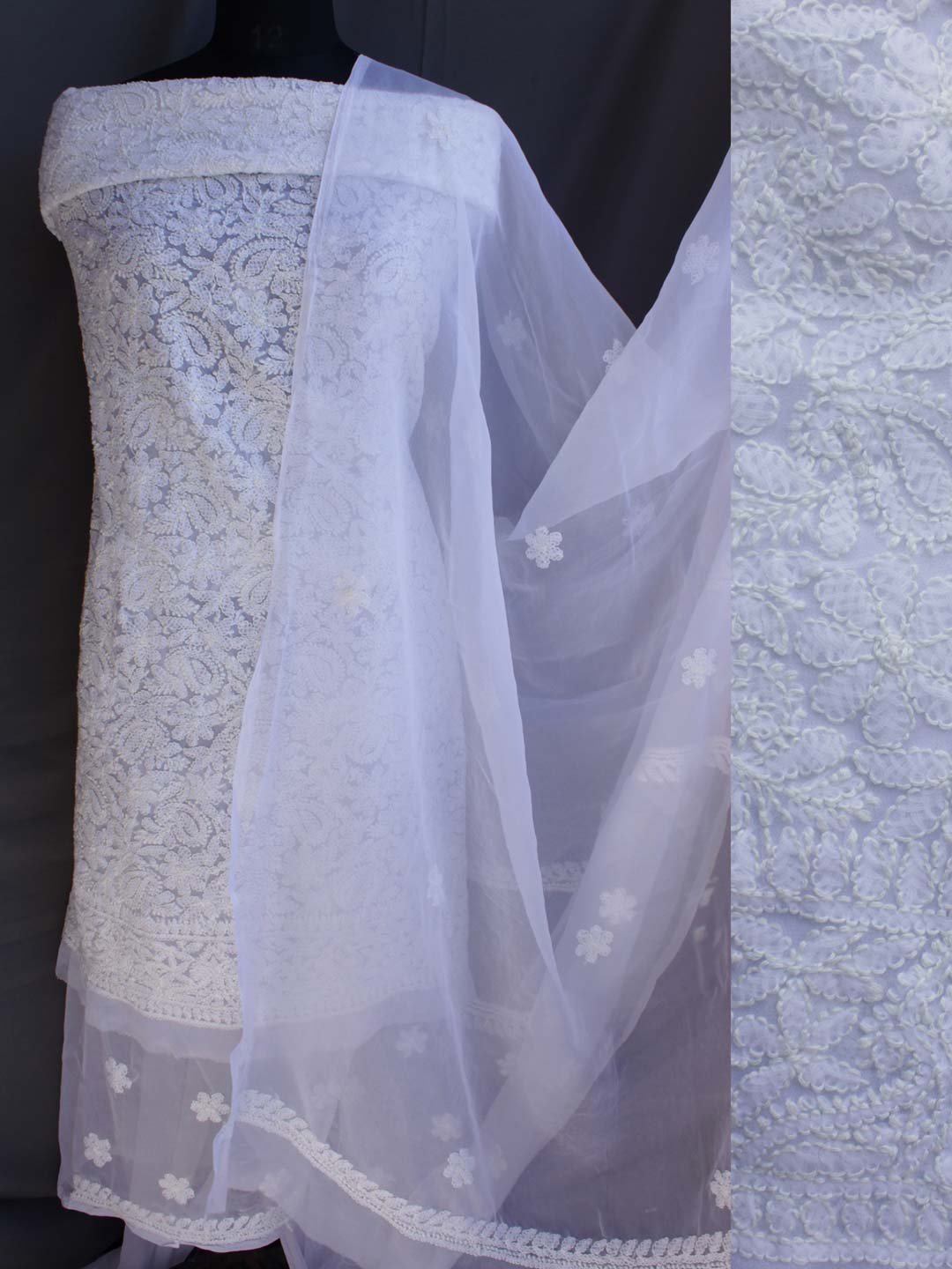 White-georgette-chikankari-dress-material-S.jpg White Georgette Chikankari 3pc ladies suit - Image 1