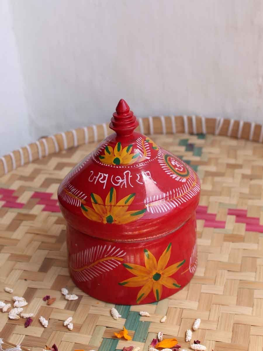 White-yellow-red-wooden-sindur-dani.jpg White, Yellow Red wooden Sindur Dani - Image 1