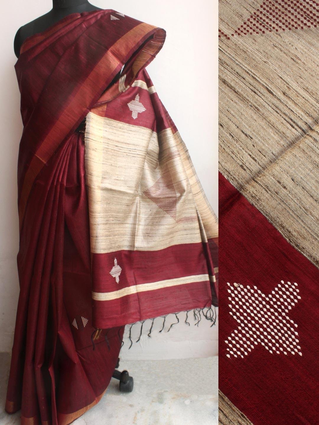 Wine-Red-and-Beige-Bhagalpuri-Dupion-Silk-Sari.jpg Wine-Red and Beige Mulberry Dupion Silk Saree - Image 1