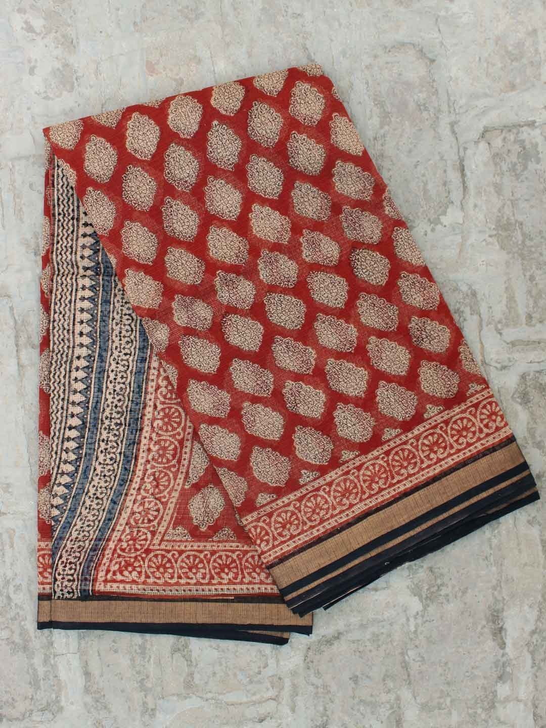 Wine-red-block-printed-kota-cotton-saree.jpg Wine-Red Bagru Printed Kota-doria Sari - Image 1
