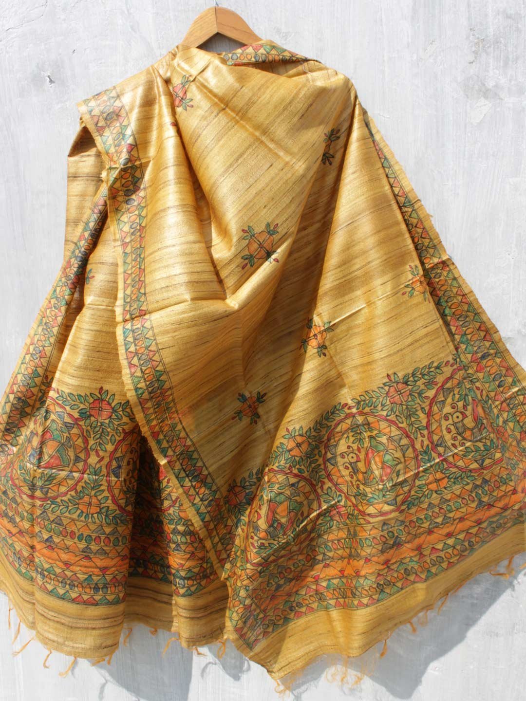 Yellow-Ochre-madhubani-tasar-silk-dupatta.jpg Yellow-Ochre Madhubani Ghicha Dupatta - Image 1