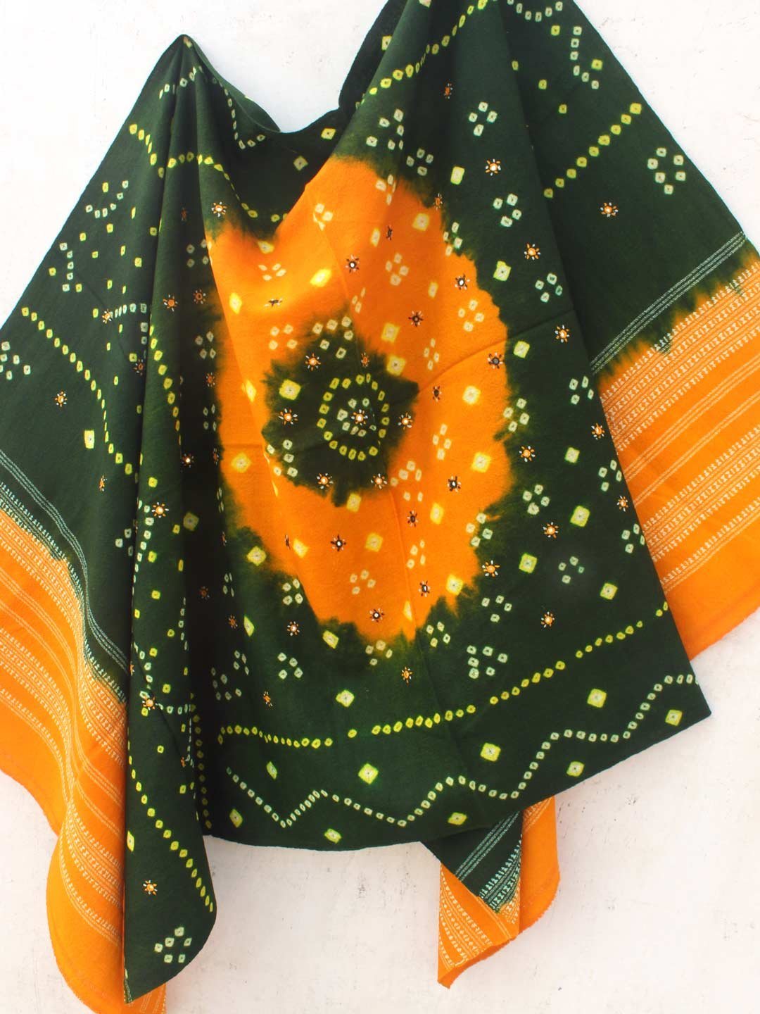 Yellow-and-Green-Bandhani-mirrorwork-woolen-Shawl.jpg Bandhani Mirrorwork Green and Yellow Shawl - Image 1