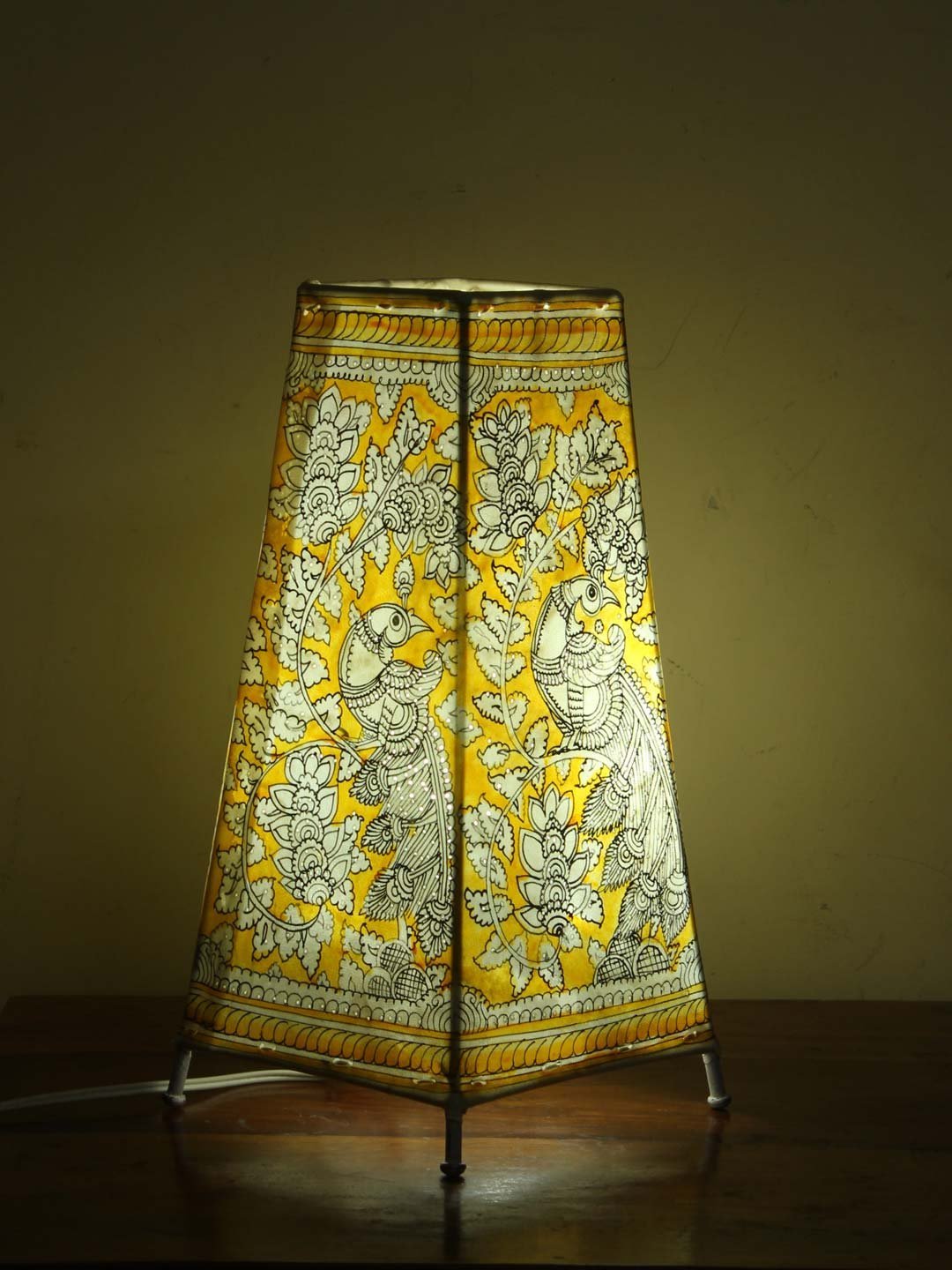 Yellow-and-White-Peacocks-Tholu-Bommalata-long-lamp.jpg Yellow Peacocks, Tholu Bommalata Table Lamp - Image 1