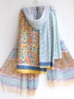 Yellow, green, White Block-Printed 3pc Cotton Suit Set