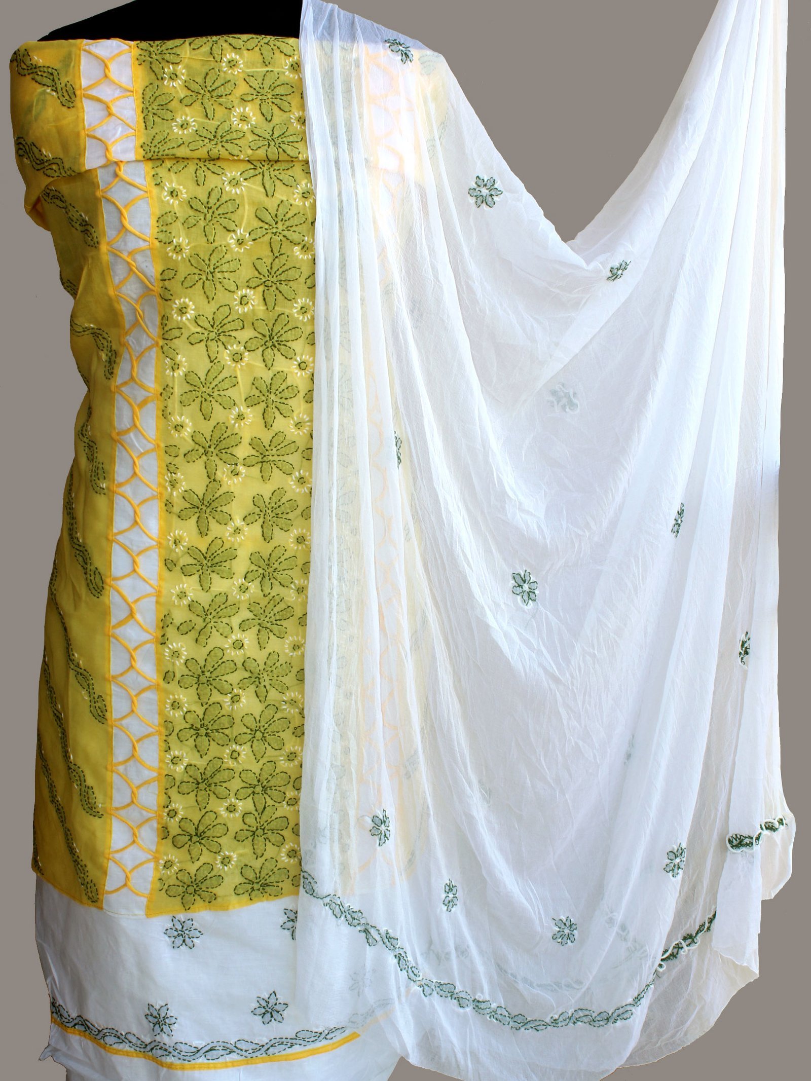 Yellow-and-white-chikankari-cotton-dress-material.jpg Yellow and white chikankari 3pc Ladies Suit - Image 1
