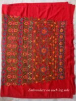 Yellow, blue and green Phulkari on Red Salwar Fabric - Image 2