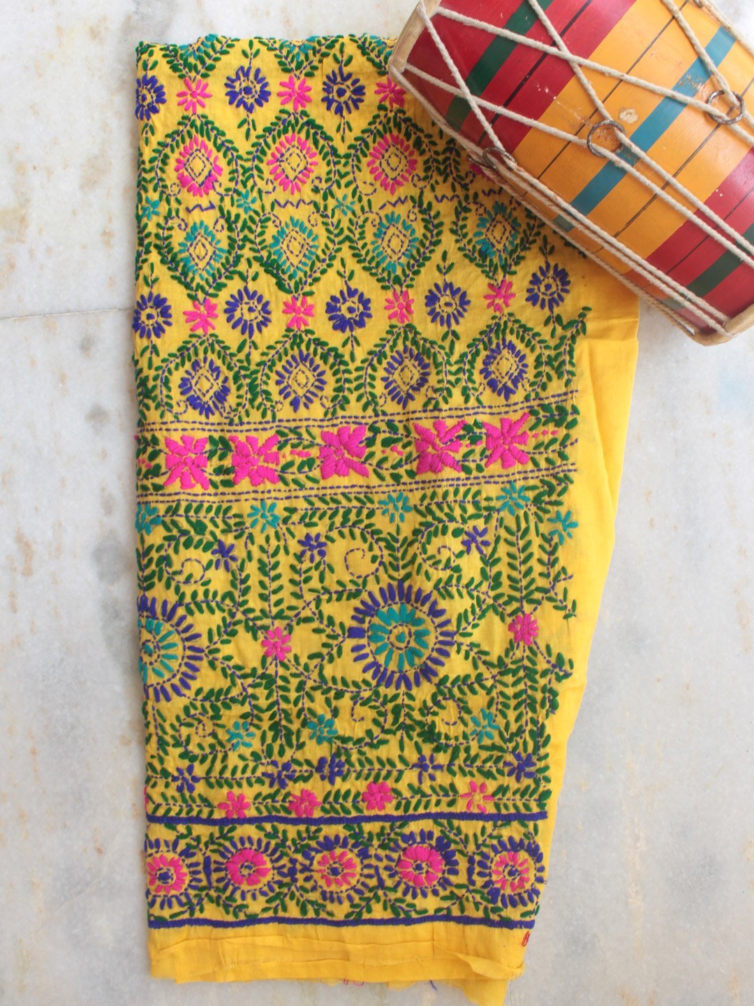 Yellow-fulkari-embroidered-salwar-fabric.jpg Yellow Fulkari Embroidered Salwar Fabric - Image 1