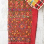 Yellow, blue and green Phulkari on Red Salwar Fabric
