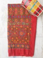 Yellow, blue and green Phulkari on Red Salwar Fabric