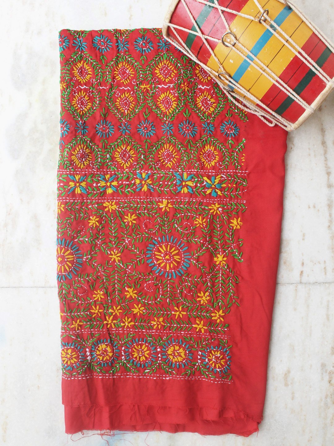 Yellow-green-blue-phulkari-red-salwar.jpg Yellow, blue and green Phulkari on Red Salwar Fabric - Image 1