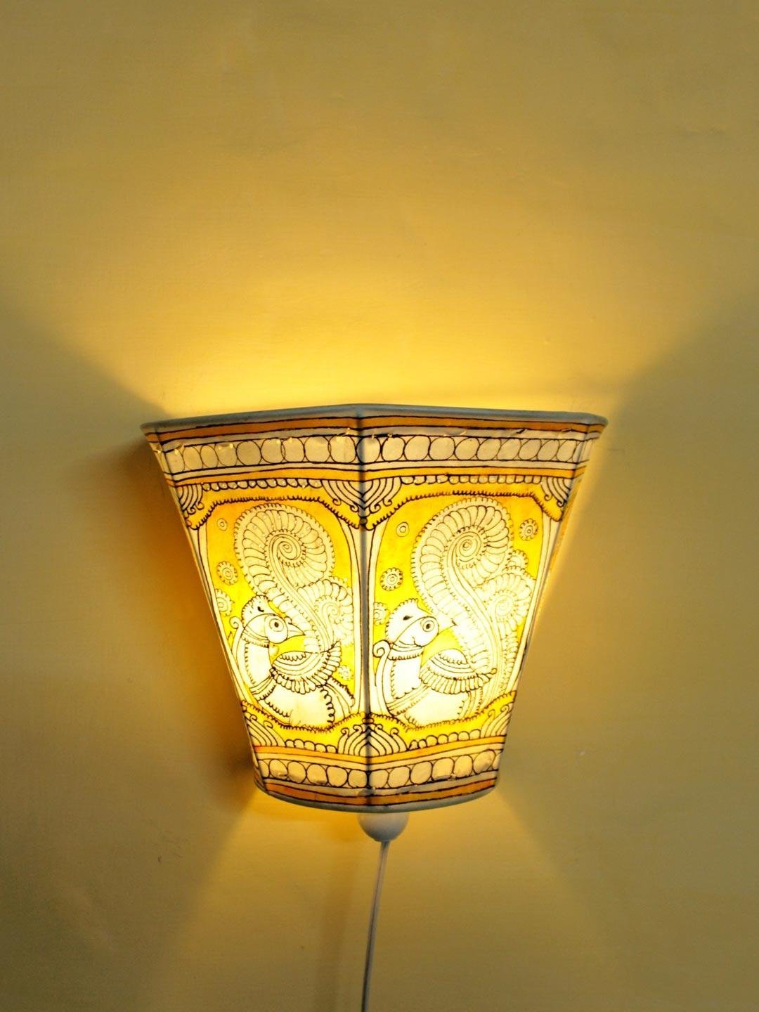 Yellow-peacocks-Tholu-Bommalata-wall-lamp.jpg Yellow Peacocks Tholu Bommalata Wall Lamp - Image 1