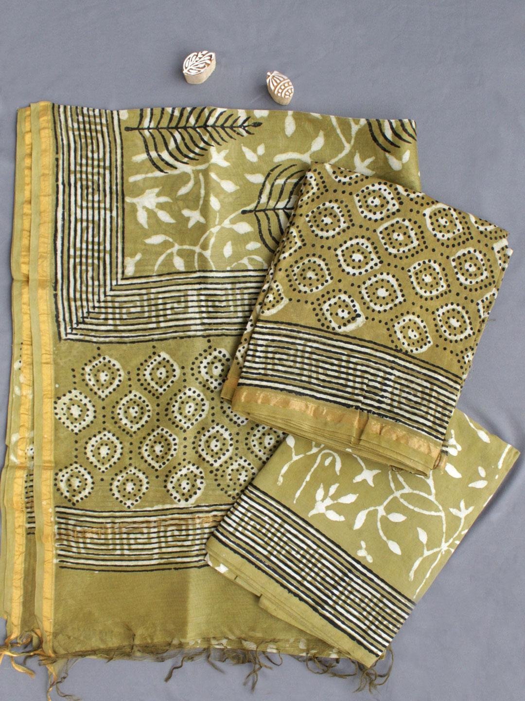 Yellowish-Green-Bagru-Printed-Chanderi-ladies-suit.jpg Yellowish-Green Block-Printed Chanderi Dress-material - Image 1