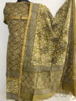 Yellowish-Green Block-Printed Chanderi Dress-material - Image 2