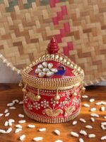 Zari and Blue Peacocks small wooden Sindoor-Box