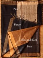 Silk Palla, Yellow And Black Silk Linen Sari - Image 3