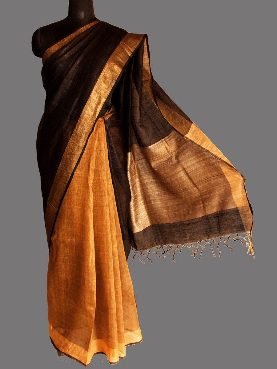 blck-and-yellow-linen-silk-saree-1.jpg Silk Palla, Yellow And Black Silk Linen Sari - Image 1