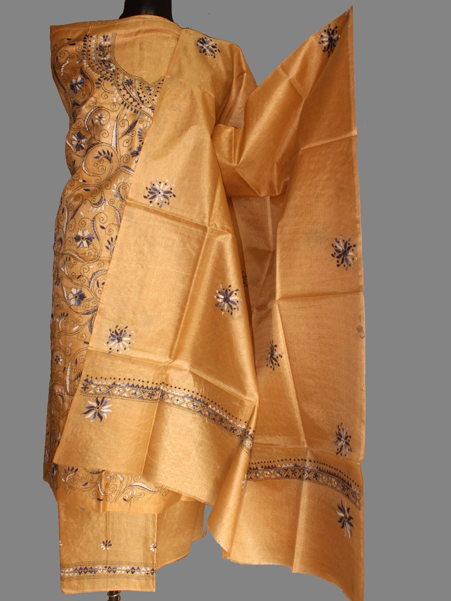 blue-kanthawork-beige-semi-tussar-dress-material.jpg Blue Kaanthawork on Beige Art-Silk Ladies Suit Set - Image 1