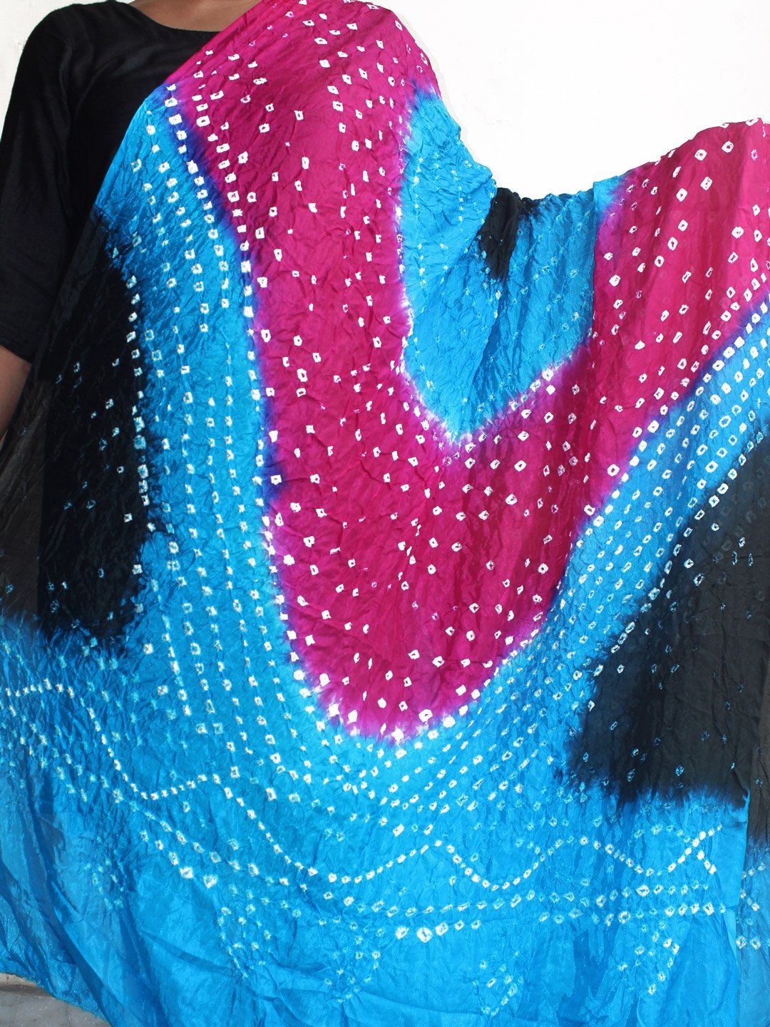 blue-magenta-and-black-polysilk-bandhani-dupatta.jpg Blue, magenta and black polysilk Bandhani Dupatta - Image 1