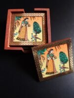 Handpainted brass lined wooden coaster set - Image 2