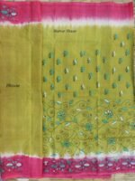 Chartreuse and Pink Kanthawork Silk Saree - Image 3
