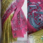 Chartreuse and Pink Kanthawork Silk Saree