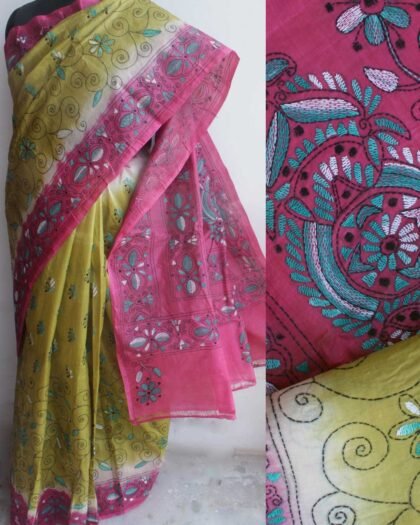Chartreuse and Pink Kanthawork Silk Saree