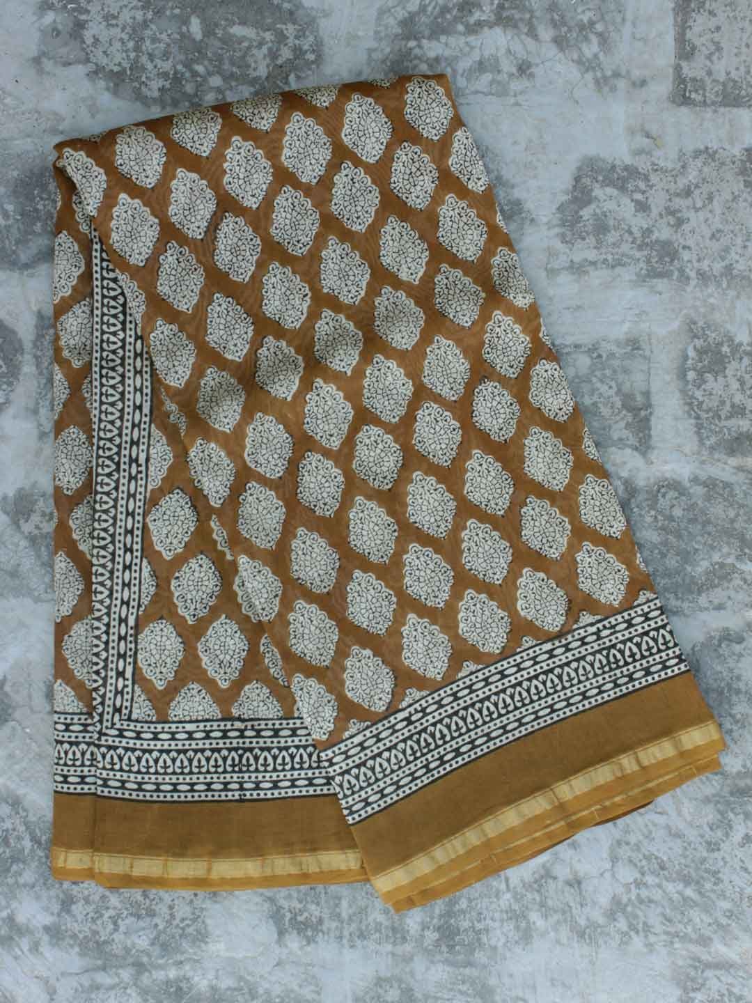 coffee-brown-block-print-chanderi-saree.jpg Coffee Brown Bagru-printed chanderi saree - Image 1