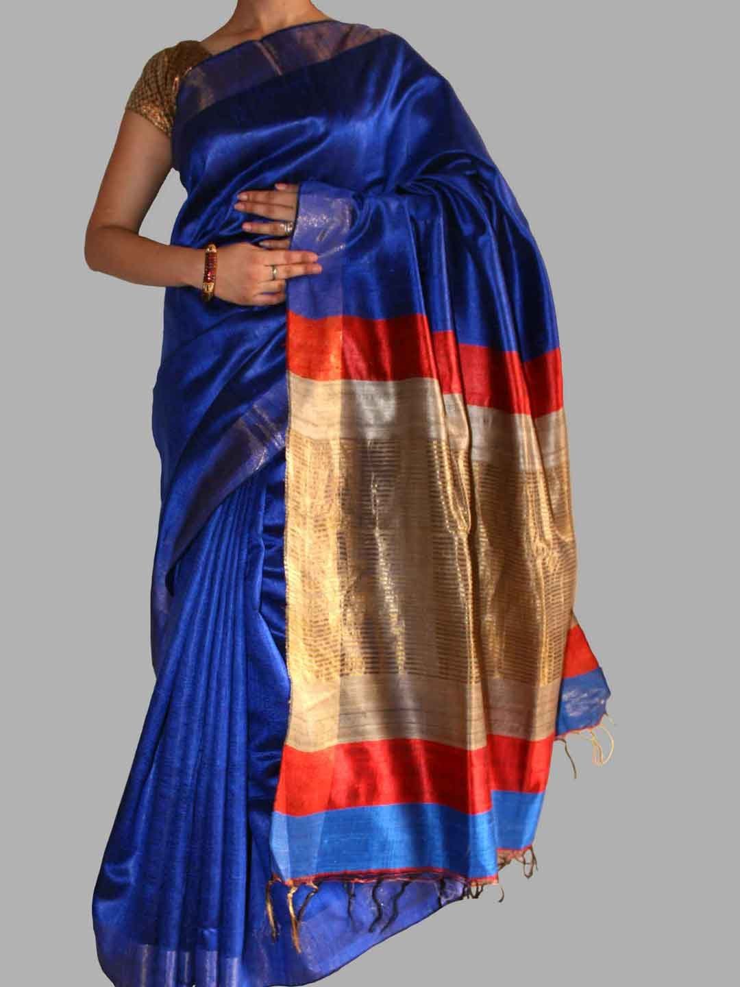 dark-blue-and-red-bhagalpuri-tussar-silk-sari.jpg Beige Palla, Blue Bhagalpuri Dupion Silk Sari - Image 1