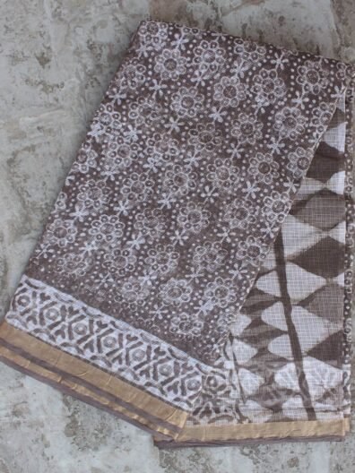 Floral Block-Printed Brown-Grey Kota-Cotton saree