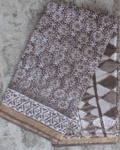 Floral Block-Printed Brown-Grey Kota-Cotton saree