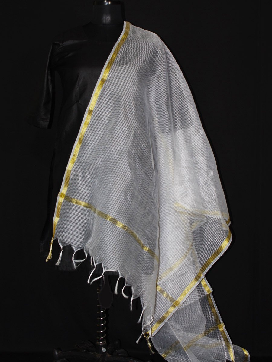 golden-border-white-chanderi.jpg Zari border White poly-silk dupatta - Image 1